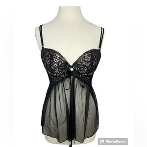 Victoria's Secret Black Lace mesh Cami baby doll lingerie size 36B